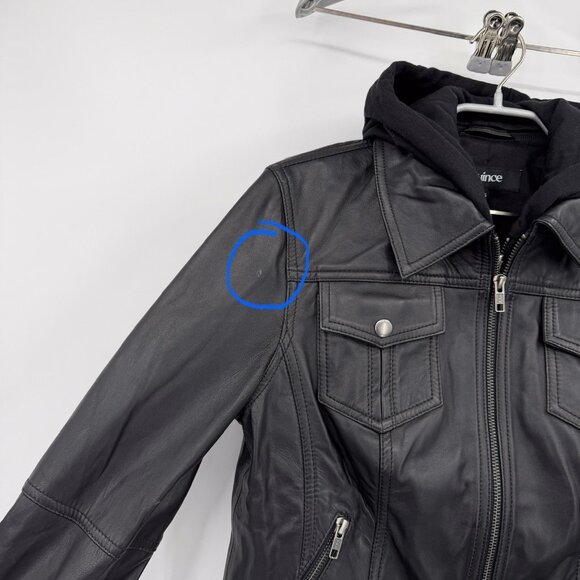 Quince Women's Black Leather Jacket size S Removable Hood Sheep Full Zip Lined - Picture 2 of 16